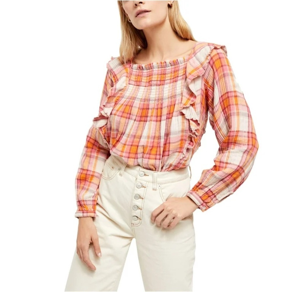 Free People‎ Women's Siena Plaid Print Smocked Blouse Orange Size XS